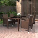 5 Piece Garden Dining Set Poly Rattan and Tempered Glass Brown