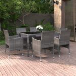 7 Piece Garden Dining Set Poly Rattan and Tempered Glass Grey