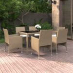 7 Piece Garden Dining Set Poly Rattan and Tempered Glass Beige