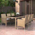 7 Piece Garden Dining Set Poly Rattan and Tempered Glass Beige