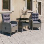 3 Piece Garden Dining Set Poly Rattan and Glass Grey