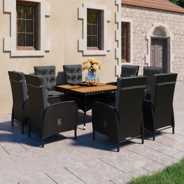 9 Piece Garden Dining Set Poly Rattan and Acacia Wood Black