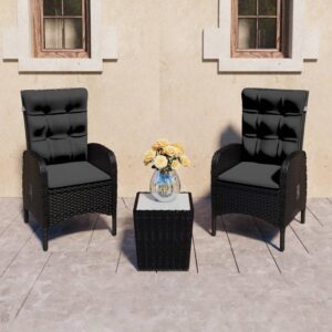 3 Piece Garden Bistro Set Poly Rattan and Glass Black