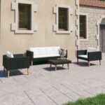 4 Piece Garden Lounge Set with Cushions Poly Rattan Black