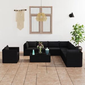 10 Piece Garden Lounge Set with Cushions Poly Rattan Black