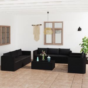 10 Piece Garden Lounge Set with Cushions Poly Rattan Black