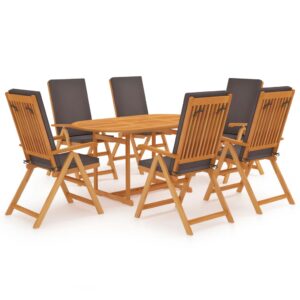 7 Piece Garden Dining Set with Grey Cushions Solid Teak Wood