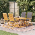 5 Piece Garden Dining Set with Grey Cushions Solid Teak Wood