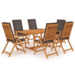 7 Piece Garden Dining Set with Grey Cushions Solid Teak Wood