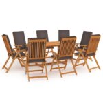 9 Piece Garden Dining Set with Cushions Solid Teak Wood Grey