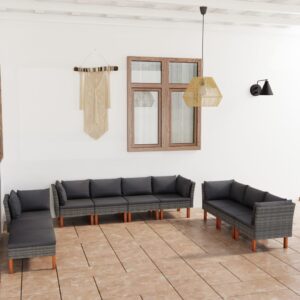 10 Piece Garden Lounge Set with Cushions Poly Rattan Grey