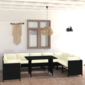 10 Piece Garden Lounge Set with Cushions Poly Rattan Black