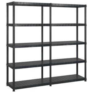 Versatile Black Plastic 5-Tier Storage Shelf Organizer Rack Easy Clean Compact