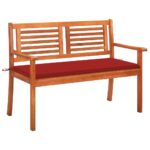 Outdoor Garden Patio Bench Seating with Red Cushion Solid Eucalyptus Wood Comfort