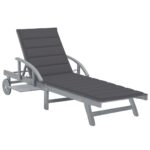 Adjustable Wooden Sun Lounger with Grey Cushion Outdoor Patio Garden Pool Deck