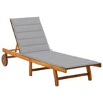 Adjustable Wooden Sun Lounger with Grey Cushion Outdoor Patio Garden Pool Deck