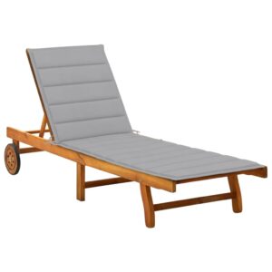 Adjustable Wooden Sun Lounger with Grey Cushion Outdoor Patio Garden Pool Deck