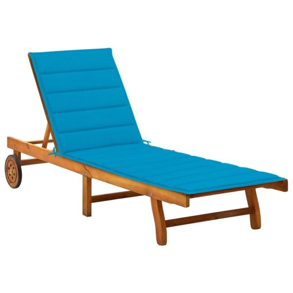 Adjustable Wooden Sun Lounger with Blue Cushion Outdoor Patio Garden Pool Deck