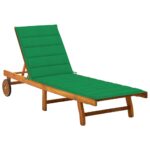 Adjustable Wooden Sun Lounger with Green Cushion Outdoor Patio Garden Pool Deck