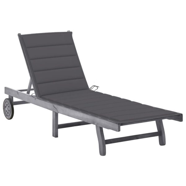 Adjustable Wooden Sun Lounger with Grey Cushion Outdoor Patio Garden Pool Deck