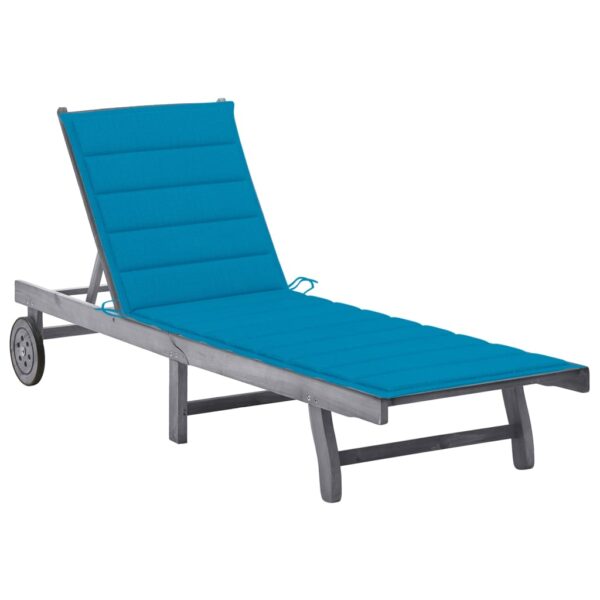 Adjustable Wooden Sun Lounger with Blue Cushion Outdoor Patio Garden Pool Deck