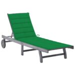 Adjustable Wooden Sun Lounger with Wheels and Green Cushion for Outdoor Patio Garden