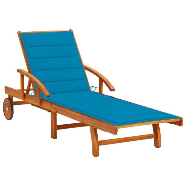 Adjustable Wooden Sun Lounger with Blue Cushion Outdoor Patio Garden Deck Chair