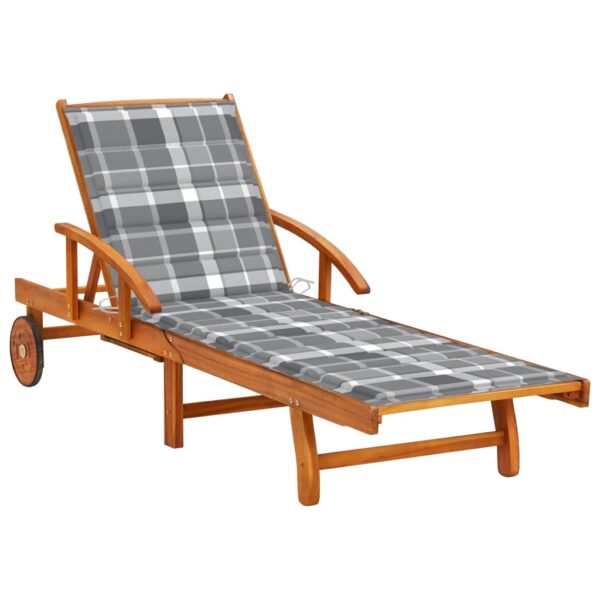 Adjustable Wooden Sun Lounger with Wheels and Grey Check Cushion for Patio Garden