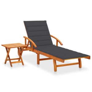 Luxury Acacia Wood Sun Lounger with Cushion and Pull-Out Table Patio Furniture