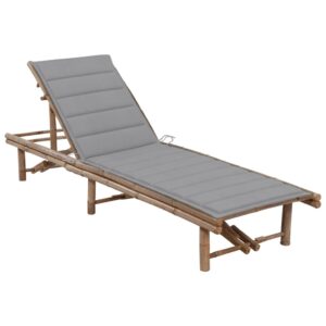 Adjustable Bamboo Garden Sun Lounger with Grey Fabric Cushion Outdoor Patio