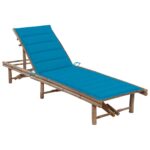 Adjustable Bamboo Garden Sun Lounger with Blue Polyester Cushion Outdoor Patio