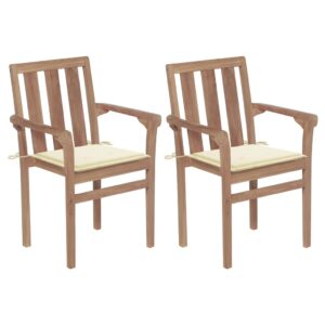 Solid Teak Wood Garden Chairs Set of Two with Cream Seat Cushions Stackable