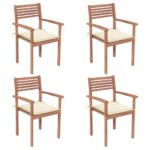 Solid Teak Wood Outdoor Garden Chairs Set Stackable with Cream Cushions Patio