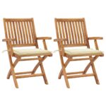 Solid Teak Wood Garden Chairs Set Outdoor Patio Seating with Cream Cushions