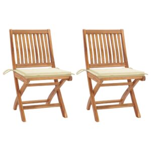 Solid Teak Wood Garden Chairs Set of Two with Cream Cushions Foldable Outdoor