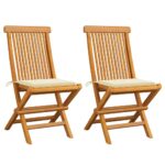 Solid Teak Wood Garden Chairs Cream Cushions Elegant Outdoor Seating Foldable