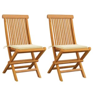 Solid Teak Wood Garden Chairs Cream Cushions Elegant Outdoor Seating Foldable