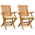 Solid Teak Wood Garden Chairs Set Cream Cushions Outdoor Patio Furniture Foldable