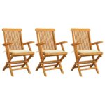 Solid Teak Wood Garden Chairs Set of Three with Cream Cushions Patio Furniture