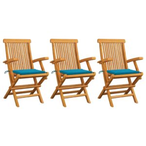 Garden Chairs with Blue Cushions 3 pcs Solid Teak Wood