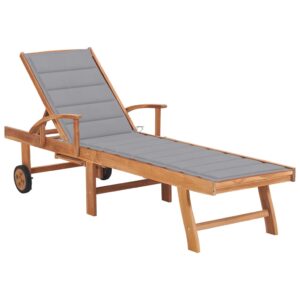 Adjustable Teak Wood Sun Lounger Outdoor Patio Garden Furniture with Grey Cushion