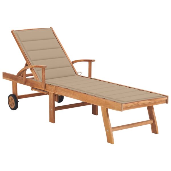 Adjustable Teak Wood Sun Lounger with Wheels and Beige Cushion for Outdoor Patio Garden Pool Deck Comfort