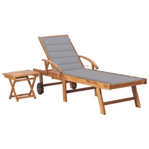 Deluxe Teak Wood Sun Lounger Set with Side Table and Grey Cushion Outdoor Patio