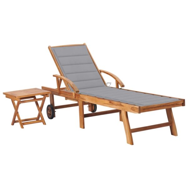 Deluxe Teak Wood Sun Lounger Set with Side Table and Grey Cushion Outdoor Patio