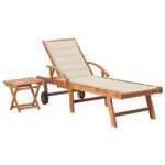 Adjustable Teak Wood Sun Lounger Set with Side Table and Cream Cushion