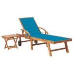 Deluxe Teak Wood Sun Lounger Set with Side Table and Blue Cushion Outdoor Patio