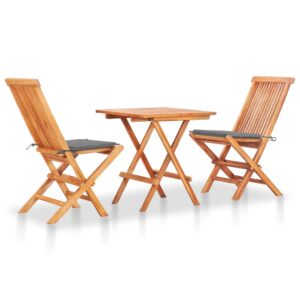 3 Piece Bistro Set with Grey Cushions Solid Teak Wood