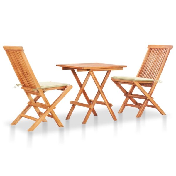 Solid Teak Wood Bistro Set Cream Cushions Foldable Outdoor Patio Furniture