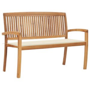 Solid Teak Wood Outdoor Garden Bench with Cream Cushion Stackable Patio Seat