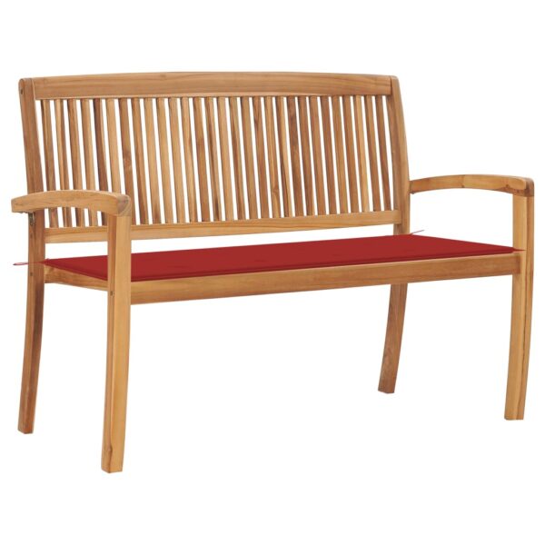 Solid Teak Wood Outdoor Garden Bench with Red Cushion Stackable Patio Seating